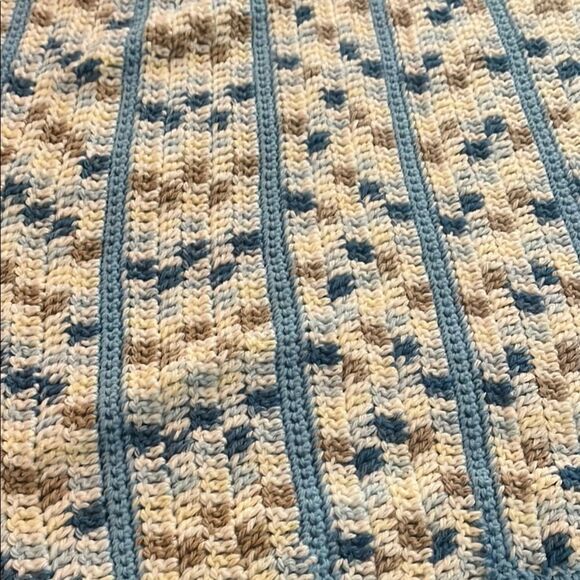 Handmade Knit Blanket in Blue and Beige - Picture 1 of 2